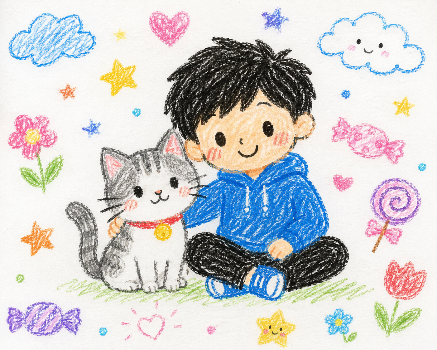 ChatGPT generated crayon art - boy with cat